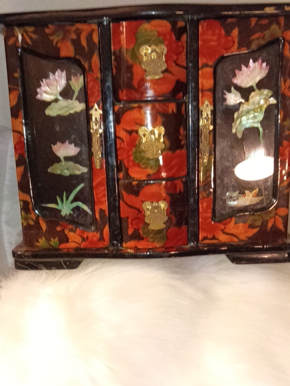 Vintage Lacquer Jewelry Box Mother of Pearl Inlay Asian Wooden Chest
